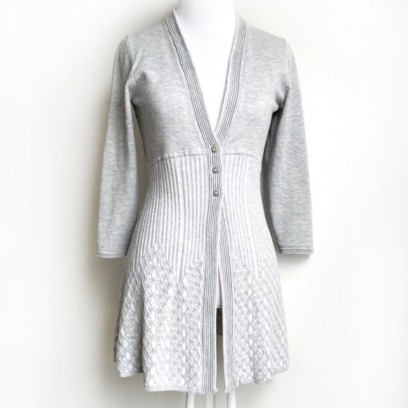 Anthro Rosie Neira Gray Wool Blend Crochet Knit Ribbed Cardi Cardigan Sweater - Picture 4 of 9